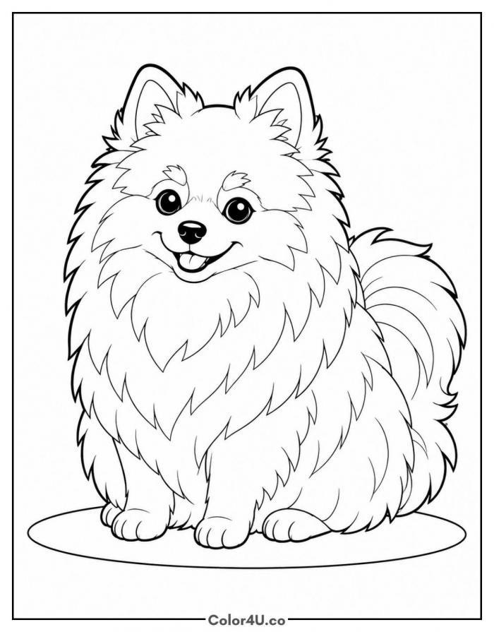 Fluffy Pomeranian sitting and smiling, medium dog coloring page, free printable