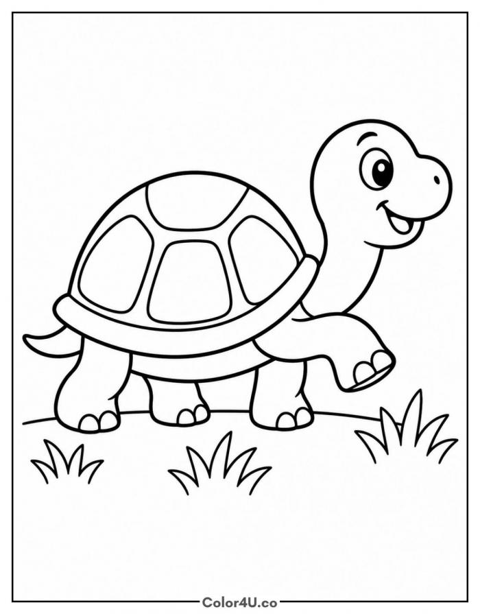Little turtle walking through grass, easy turtle coloring page, free printable