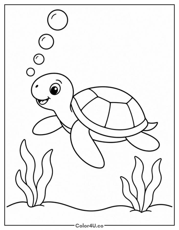Sea turtle blowing bubbles underwater, easy turtle coloring page, free printable