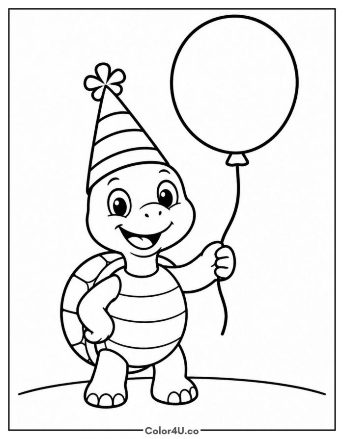 Turtle wearing a party hat with balloon, easy turtle coloring page, free printable
