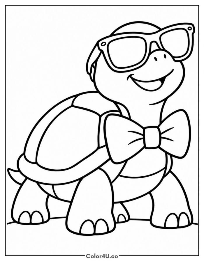 Turtle wearing sunglasses and bow tie, easy turtle coloring page, free printable