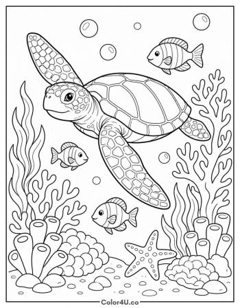 Turtle in the Coral Reef coloring page