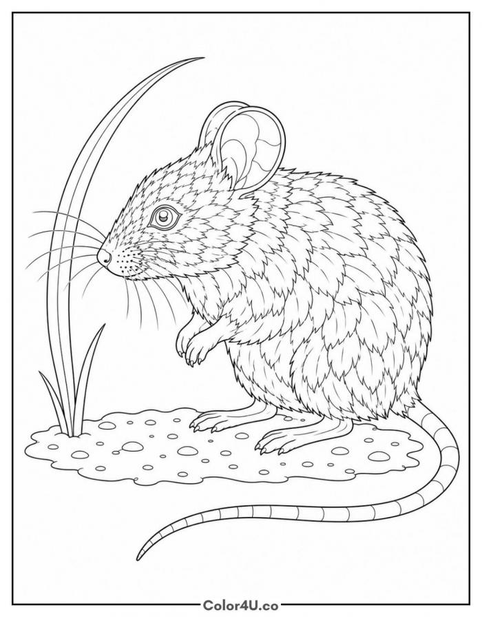 Realistic field mouse standing in grass, detailed coloring page, free printable
