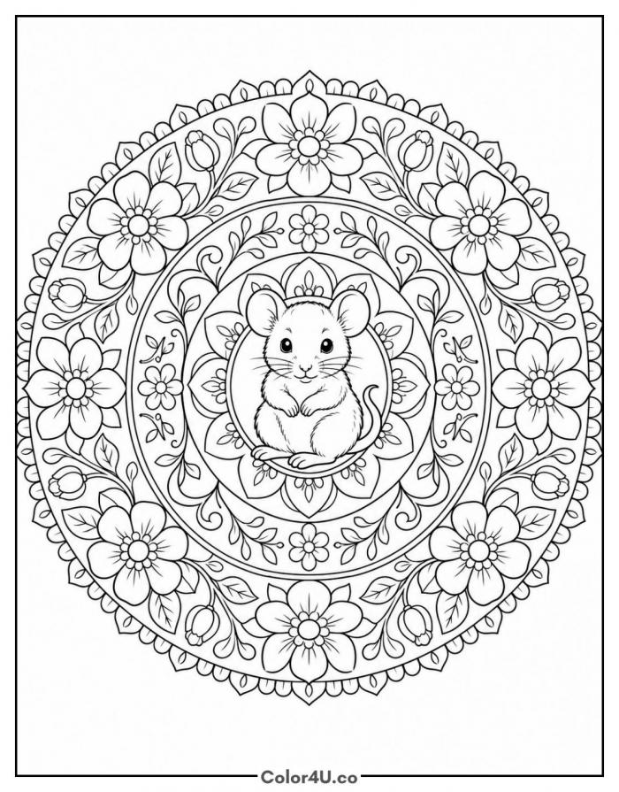Mouse in a flower mandala, detailed coloring page, free printable