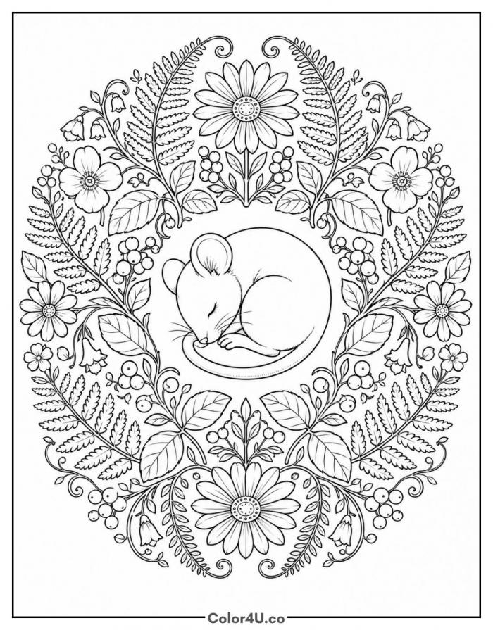 Sleeping mouse in a leaf mandala, detailed coloring page, free printable