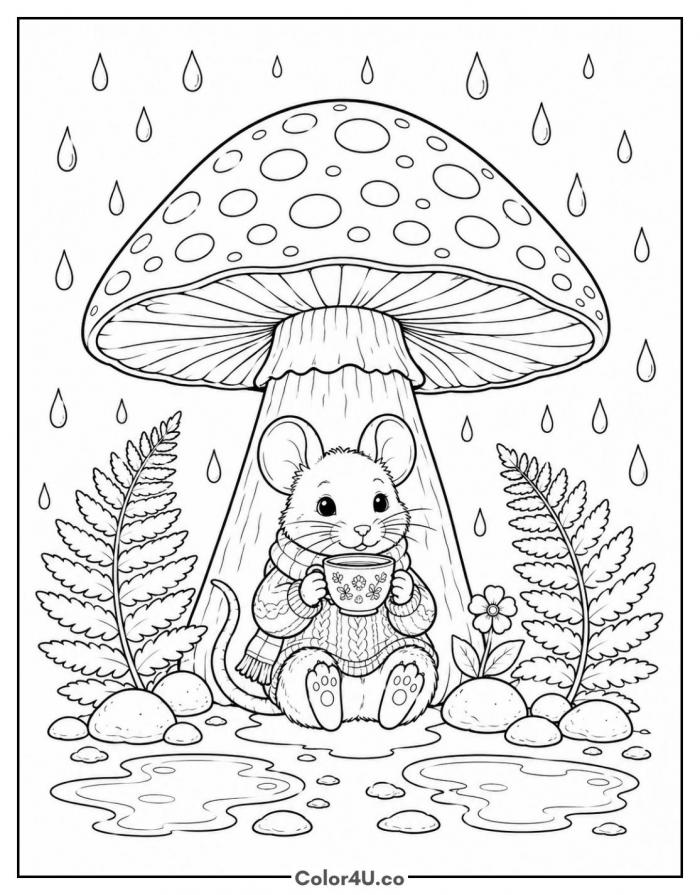 Mouse sheltering under a mushroom in the rain, detailed coloring page, free printable