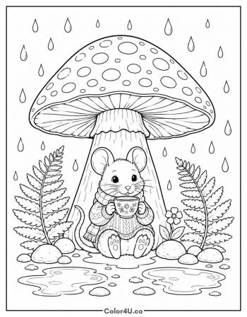 Mouse Under a Mushroom in the Rain coloring page