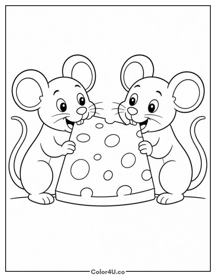Two mice sharing a wedge of cheese, easy coloring page, free printable