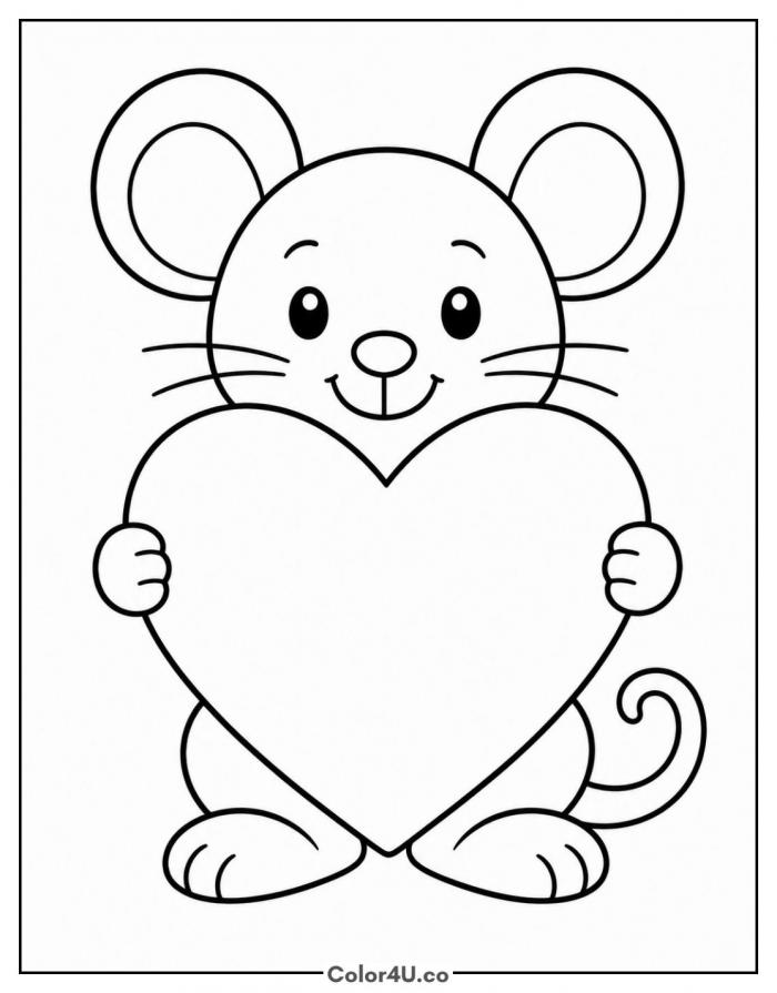 Mouse holding a big heart, easy Valentine coloring page, free printable