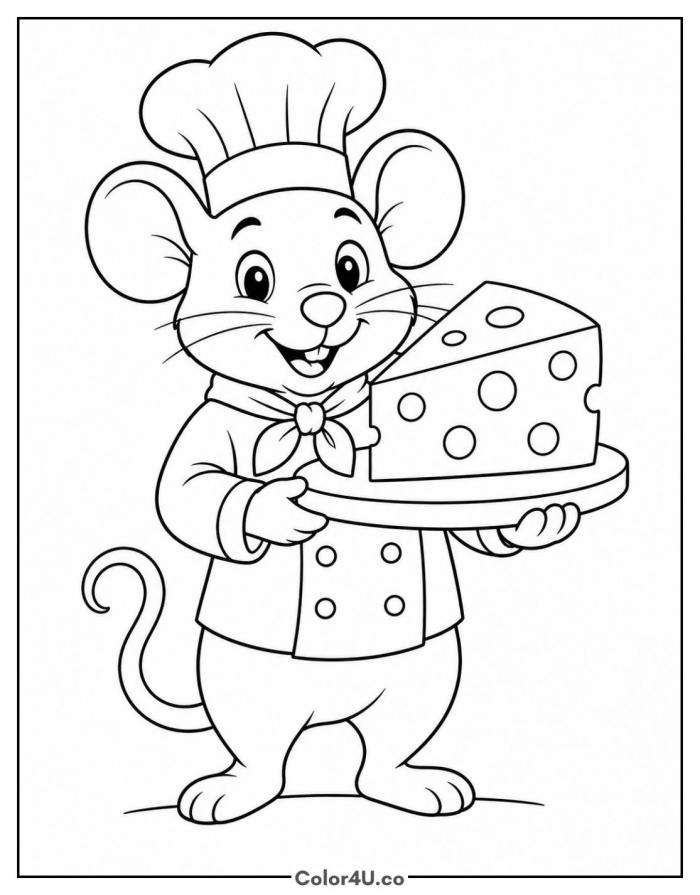 Chef mouse holding a wedge of cheese, medium coloring page, free printable