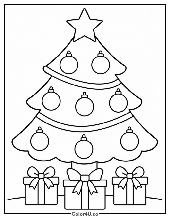 Decorated Christmas tree with gifts, easy Christmas coloring page, free printable