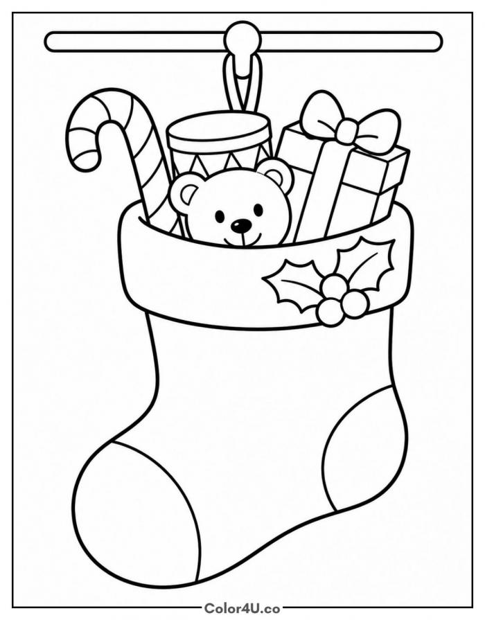 Christmas stocking full of toys, easy Christmas coloring page, free printable