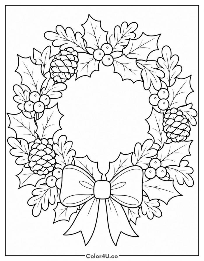 Christmas wreath with pinecones and bow, detailed Christmas coloring page, free printable