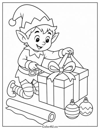 Cute Elf Wrapping a Gift coloring page