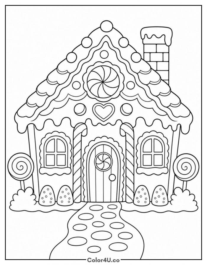 Gingerbread house with candy canes, detailed Christmas coloring page, free printable
