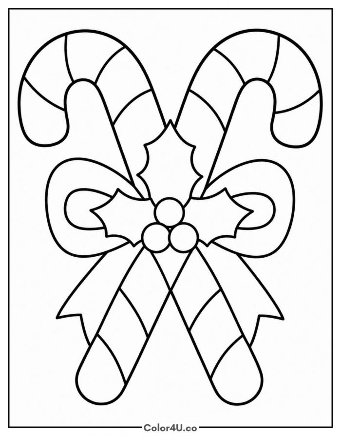Candy canes with holly and bow, easy Christmas coloring page, free printable