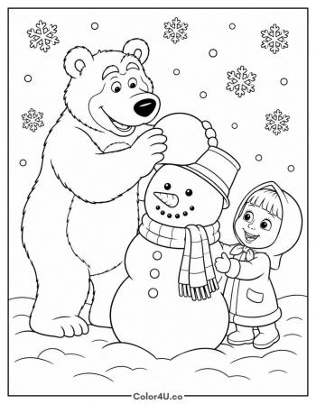 Masha and Bear Building a Snowman coloring page