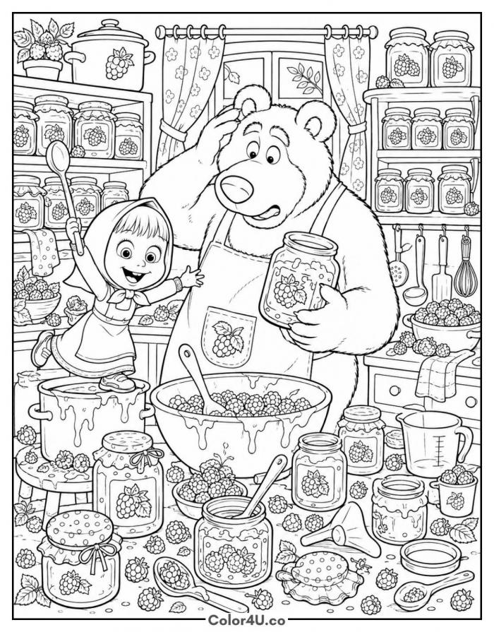 Masha and Bear making jam, detailed Masha and the Bear coloring page, free printable
