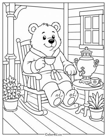 Bear Drinking Tea on the Porch coloring page