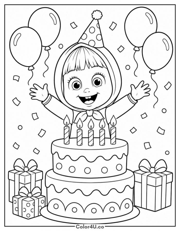Masha at her birthday party with cake, medium Masha and the Bear coloring page, free printable