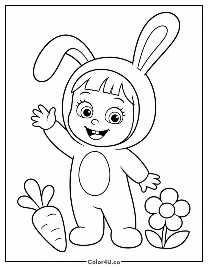 Masha in a bunny costume, easy Masha and the Bear coloring page, free printable