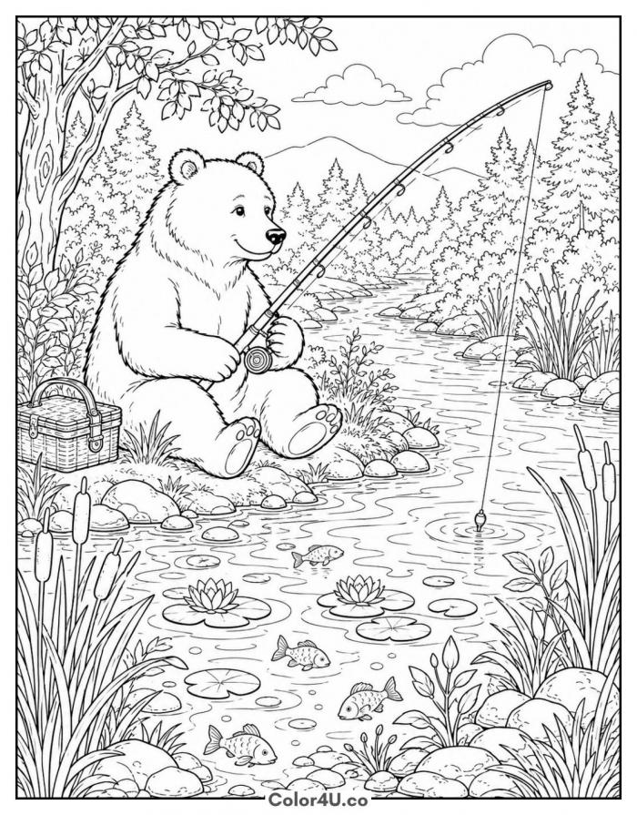 Bear fishing by the river, detailed Masha and the Bear coloring page, free printable