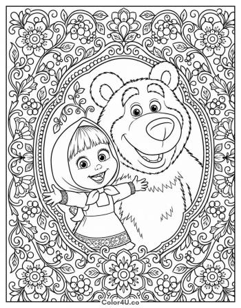 Masha and Bear Folk-Art Portrait coloring page