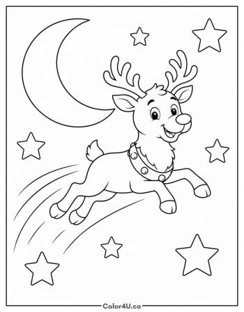 Flying Reindeer at Night coloring page