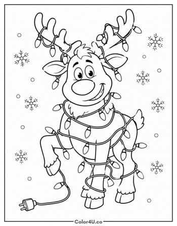 Reindeer Tangled in Christmas Lights coloring page