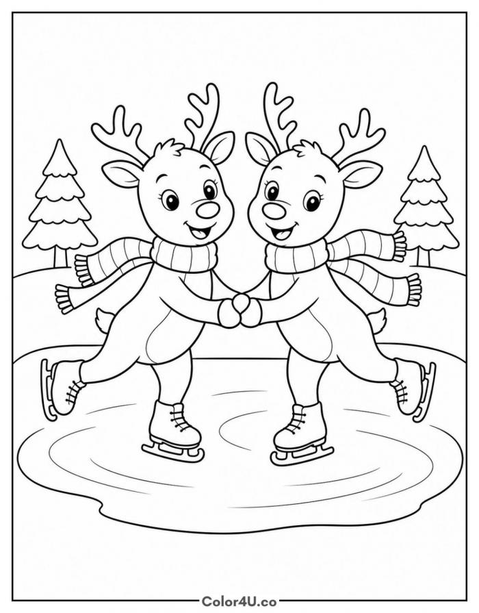 Two reindeer ice skating together in scarves, medium Christmas coloring page, free printable