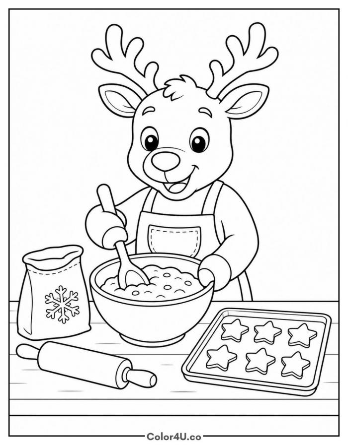 Reindeer baking cookies in an apron, medium Christmas coloring page, free printable