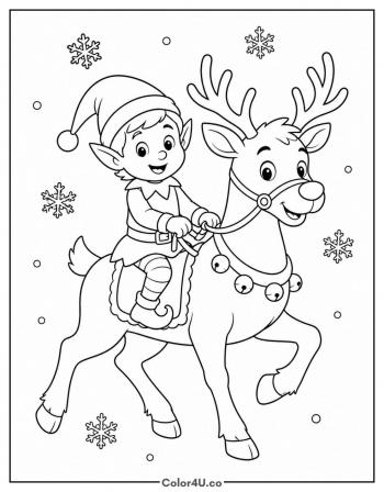 Elf Riding a Reindeer coloring page