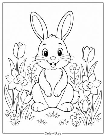 Spring Bunny with Flowers coloring page