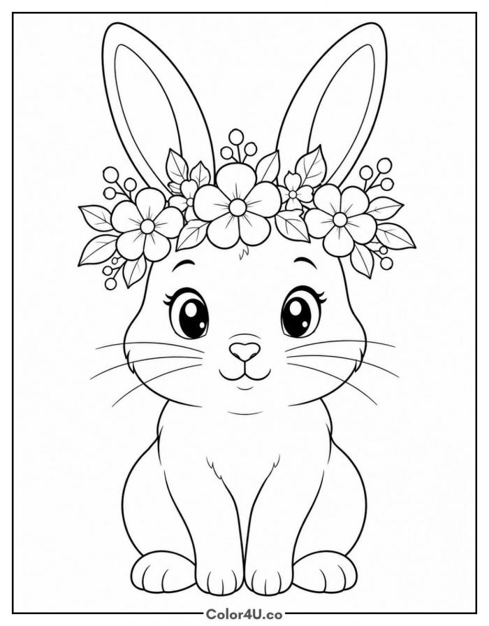 Rabbit wearing a flower crown, medium rabbit coloring page, free printable