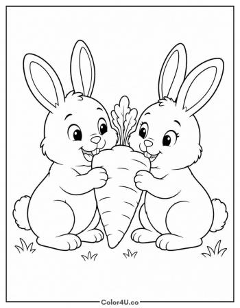 Two Bunnies Sharing a Carrot coloring page