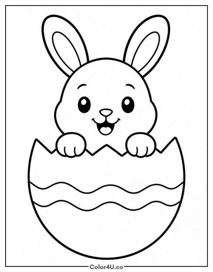 Baby bunny in a cracked Easter egg, easy rabbit coloring page, free printable