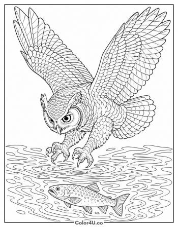 Owl Swooping for a Fish coloring page