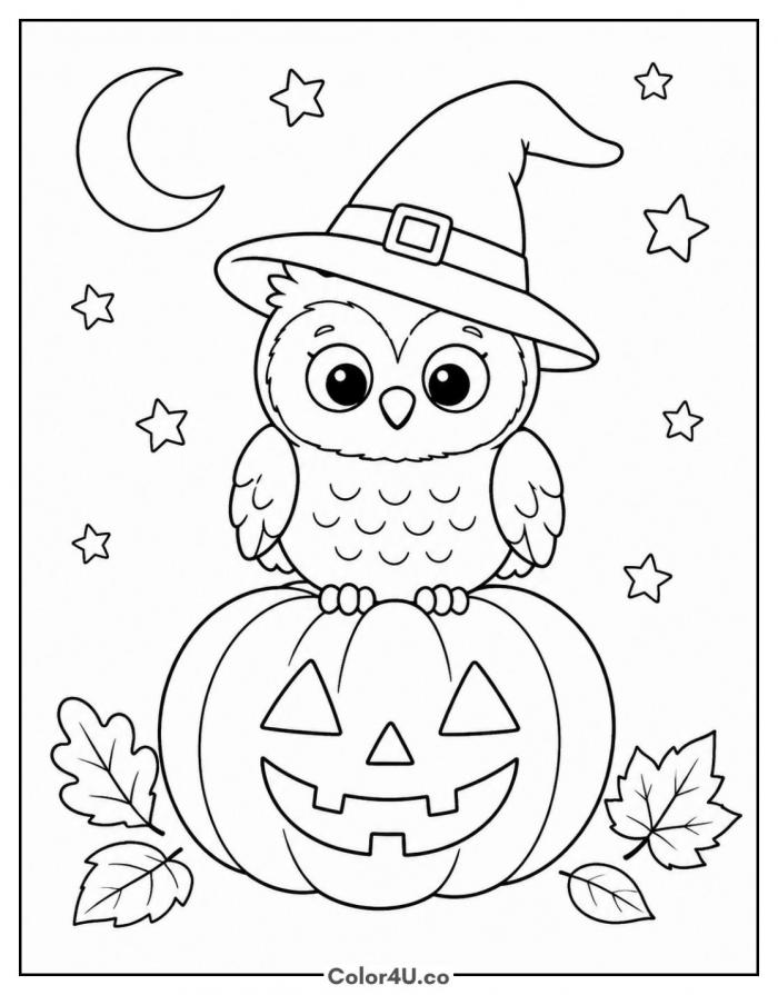 Owl in a witch hat on a pumpkin, medium owl coloring page, free printable