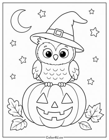 Owl in a Witch Hat on a Pumpkin coloring page