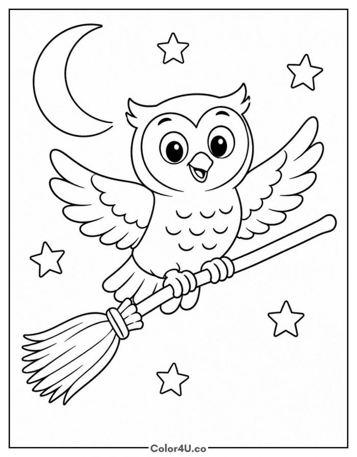 Owl flying on a broomstick, easy owl coloring page, free printable