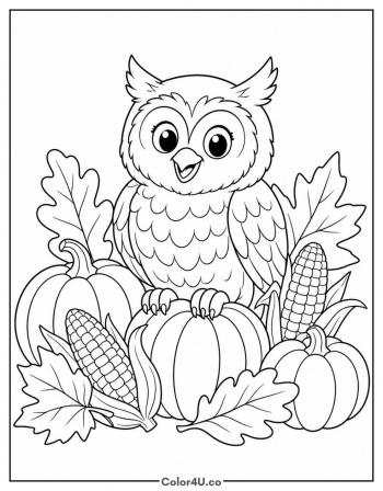 Owl with Autumn Pumpkins coloring page