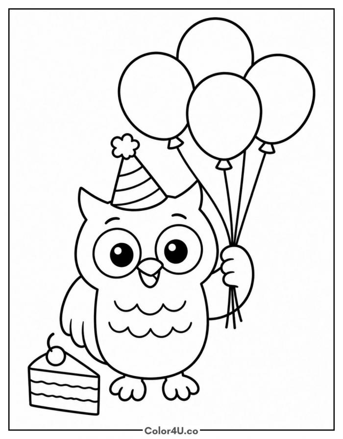 Birthday owl holding balloons with cake, medium owl coloring page, free printable