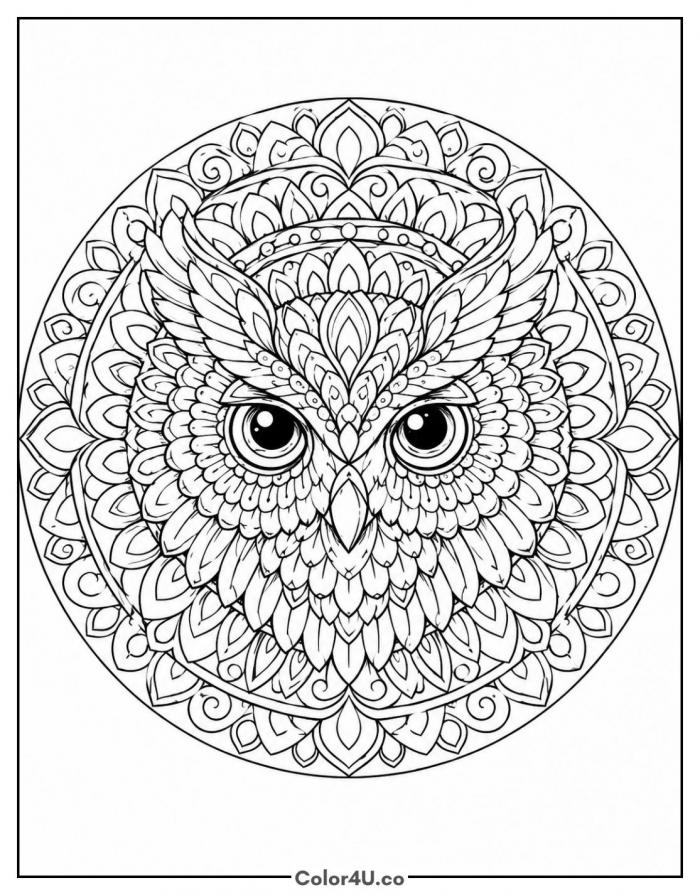 Owl mandala portrait, detailed owl coloring page, free printable