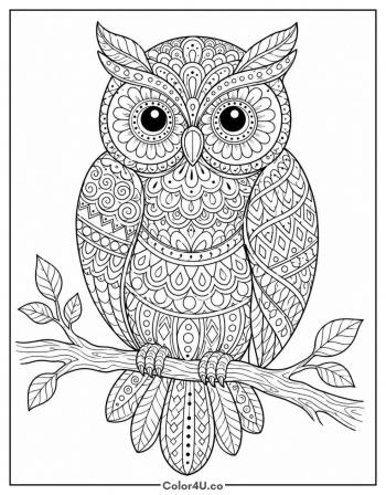 Zentangle Owl on a Branch coloring page