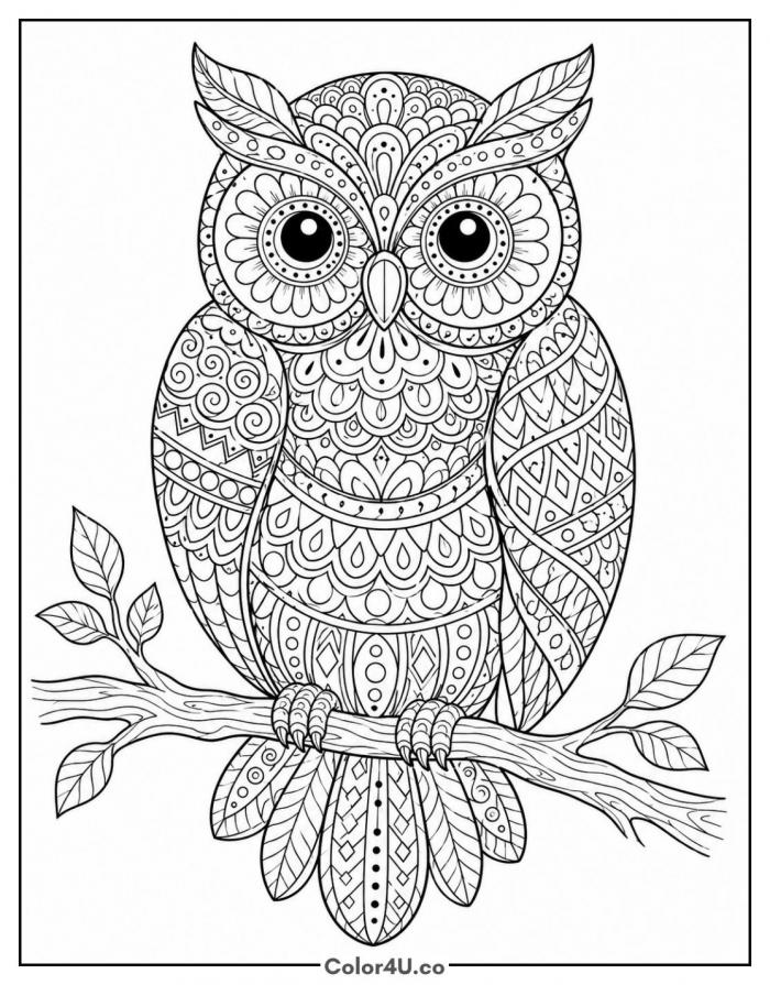 Zentangle owl on a branch, detailed owl coloring page, free printable