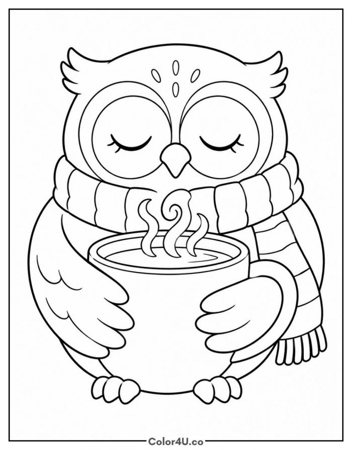Sleepy owl holding a mug in a striped scarf, medium owl coloring page, free printable