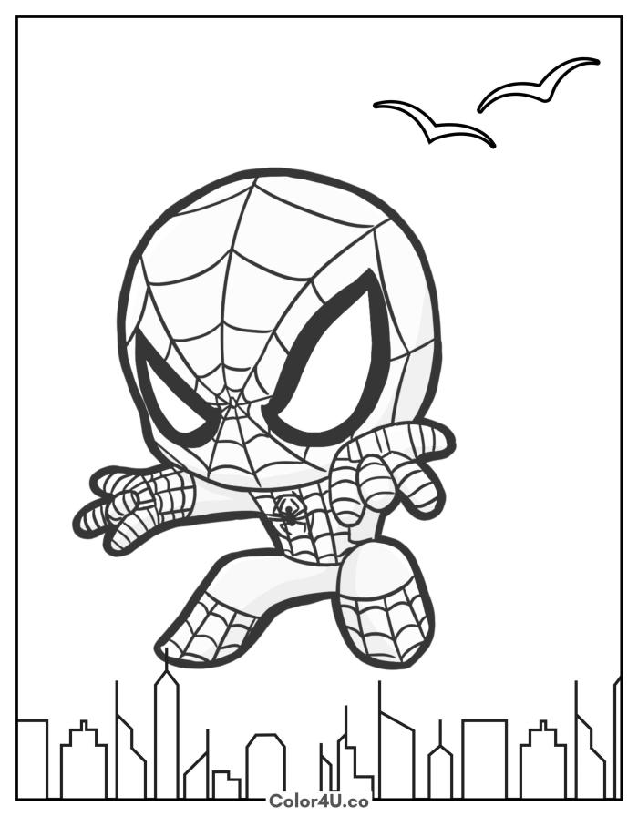 Chibi Spider-Man leaping above a city skyline, medium coloring page, free printable