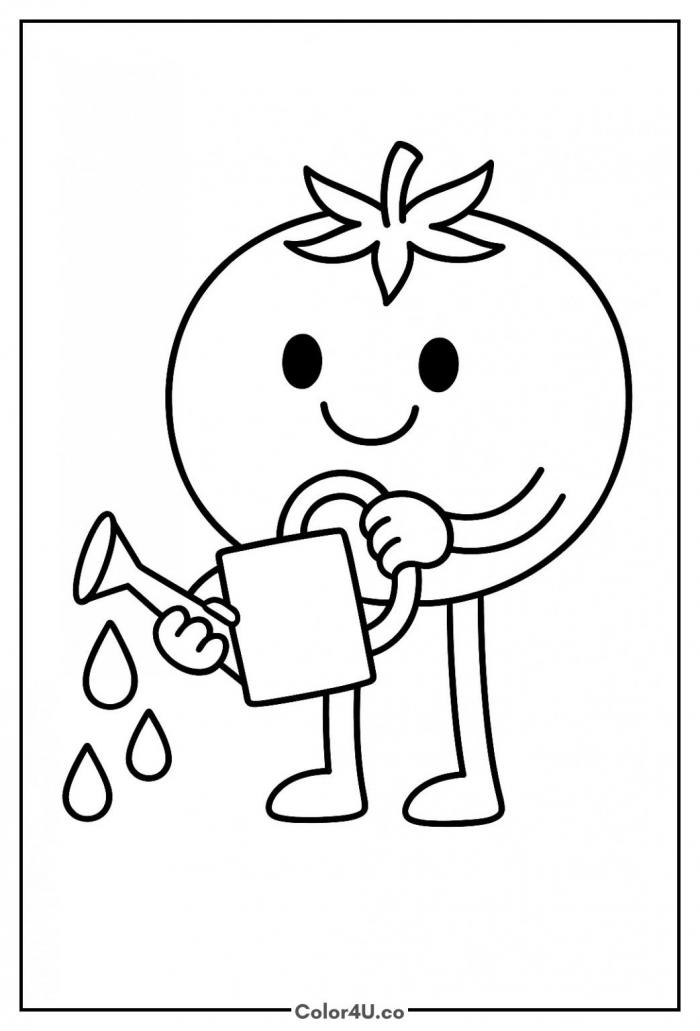 Happy tomato holding a watering can coloring page