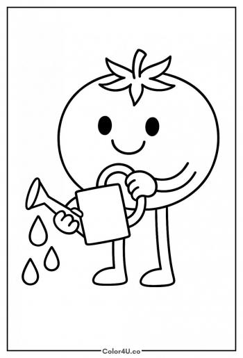 Happy Tomato with a Watering Can coloring page