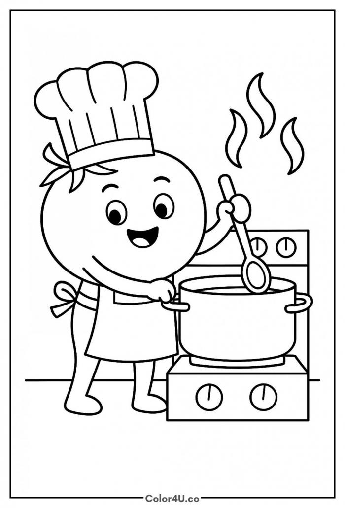 Chef tomato stirring a pot coloring page